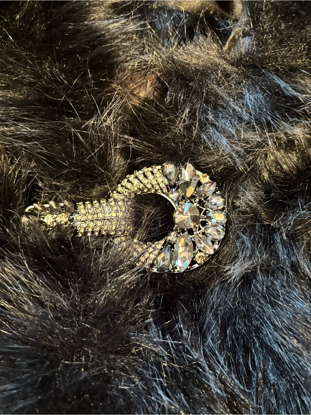 Joseph Ribkoff Black Faux Fur Shawl with Decorative Clasp